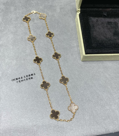 V*N CL*F & arpels natural silver obsidian ten flower four leaf clover necklace(no refund or exchange)