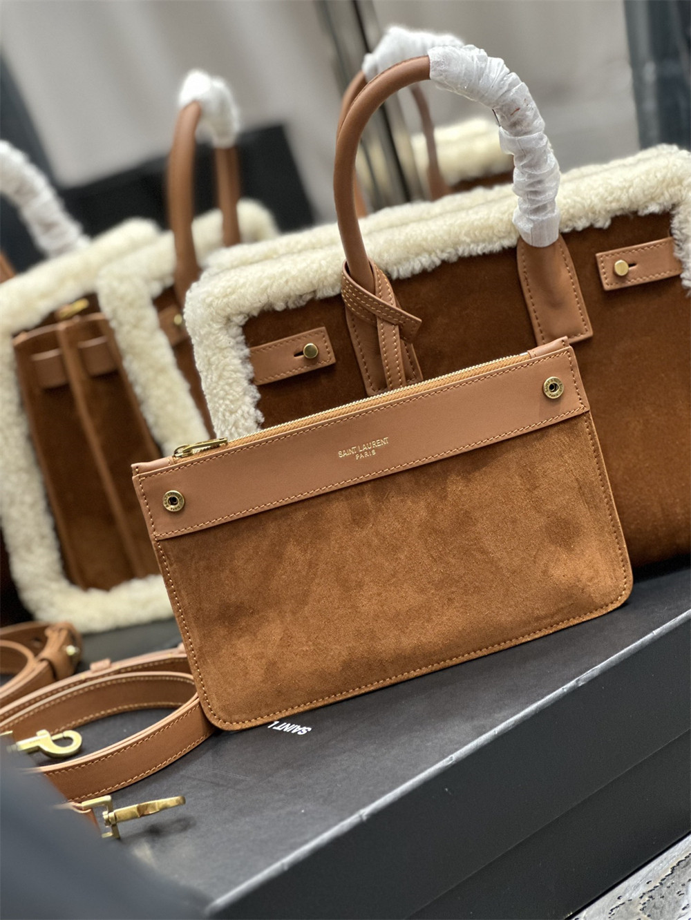 y*l sac de jour S*pple samll in suede and shearling dark cigar and natural beige