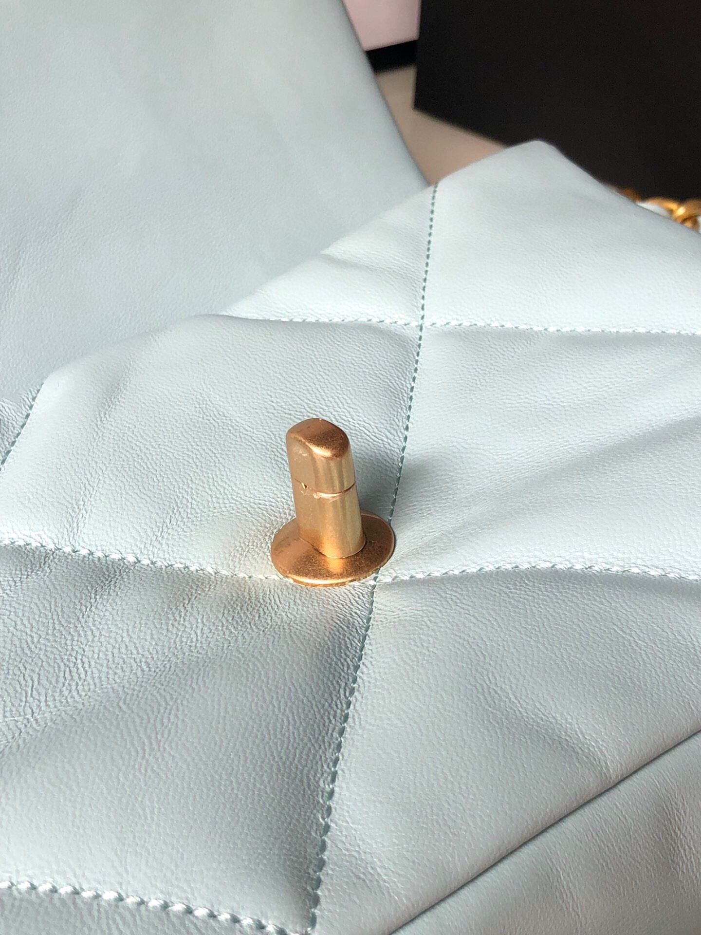 Ch*el 19 handbag shiny leather, gold-tone, silver-tone & ruthenium-finish metal light blue 6.2 × 10.1 × 3.5 in