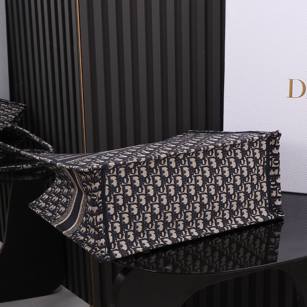 large D*or book tote  ecru and blue D*or oblique embroidery 16.5 x 14 x 7.5 inches