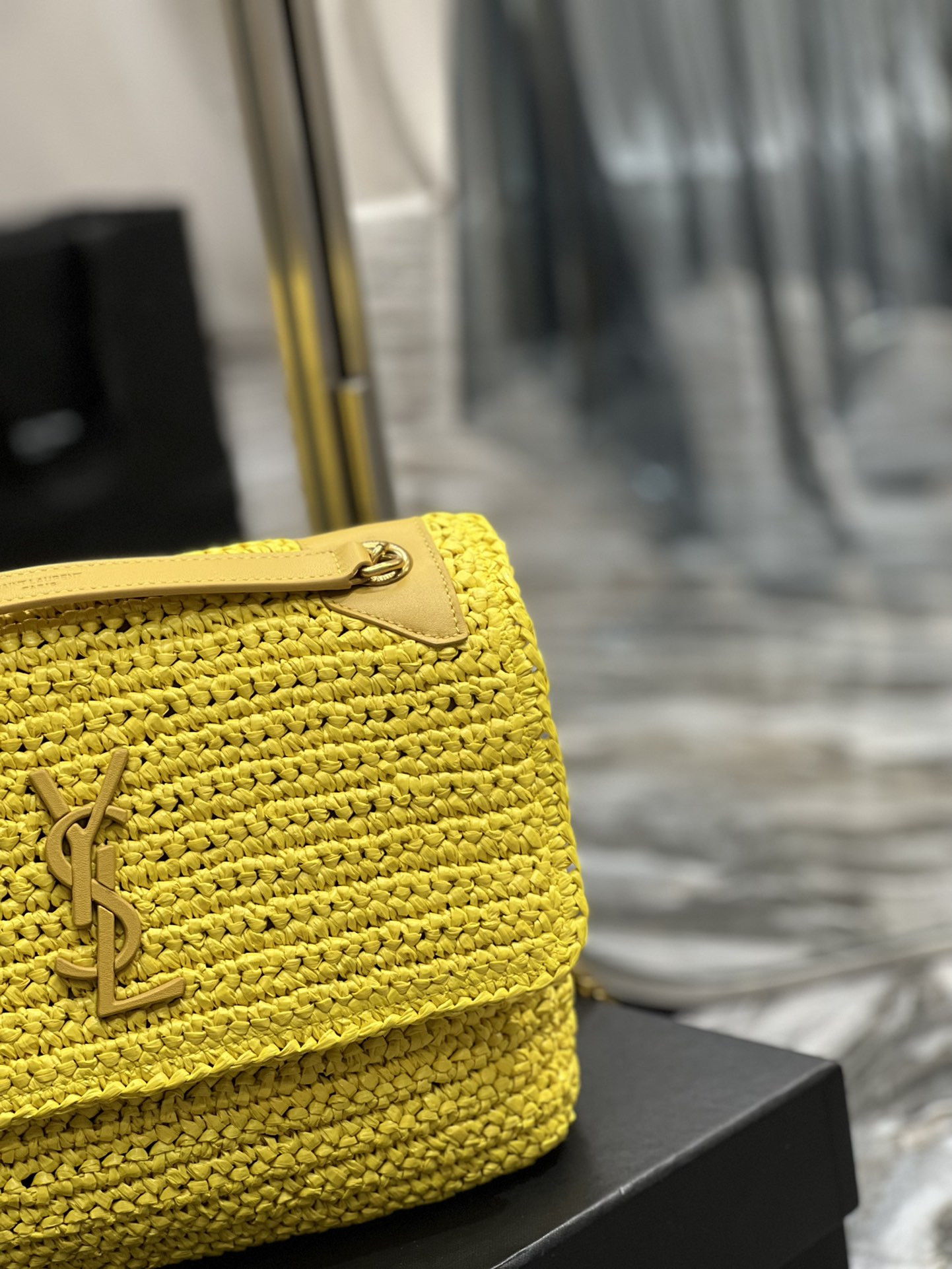 Y*L niki medium chain bag in raffia and leather yellow 11 x 7.8 x 3.3 inches