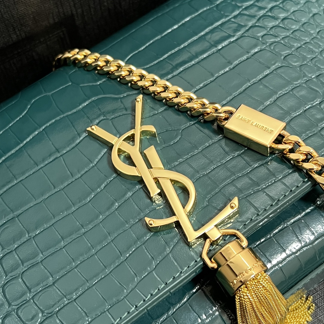 Y*L kate medium tassel in crocodile-embossed leather blue 9.4 x 5.7 x 2.1 inches