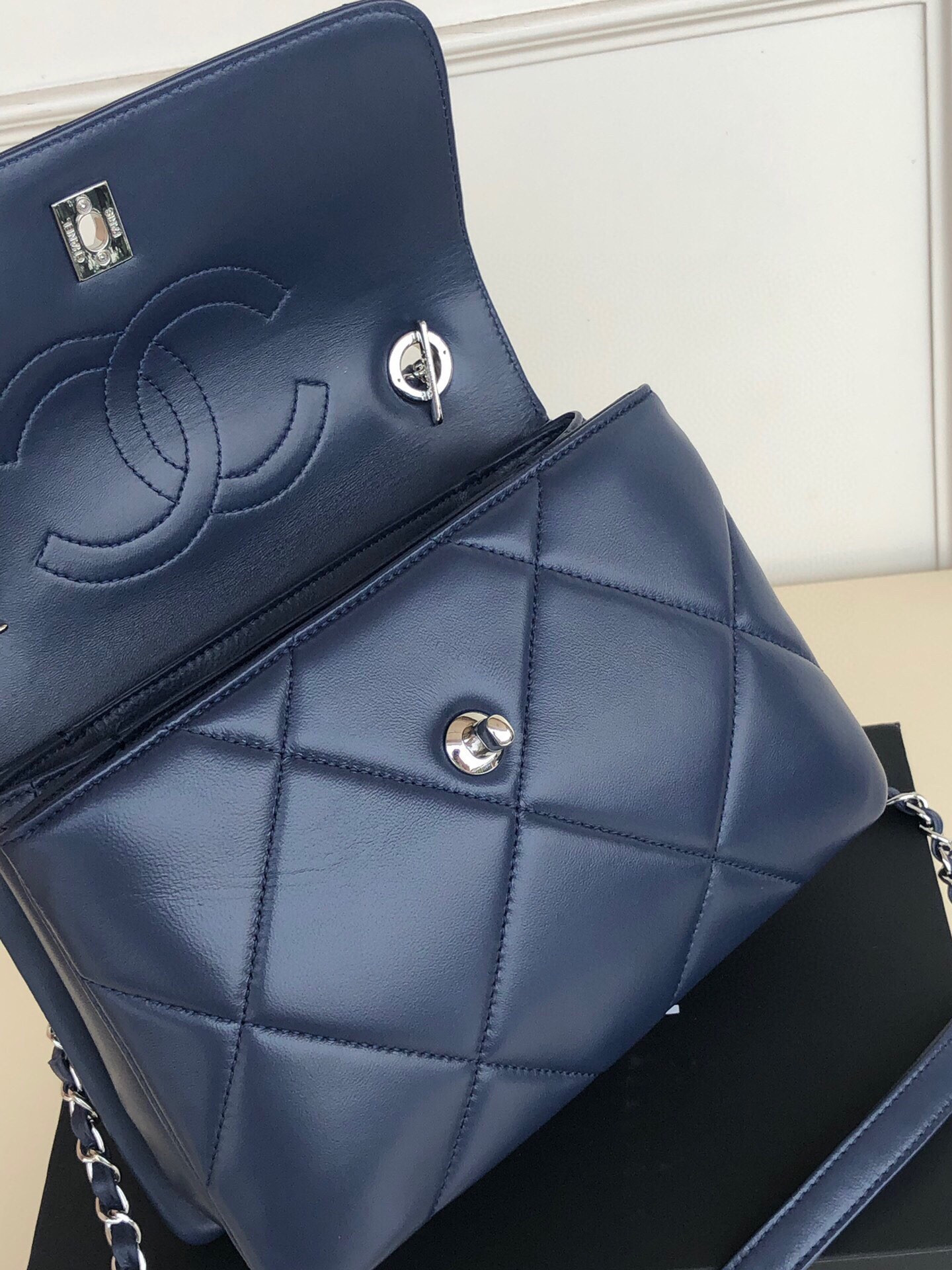 Ch*el flap bag with top handle 6.6 × 9.8 × 4.7 in