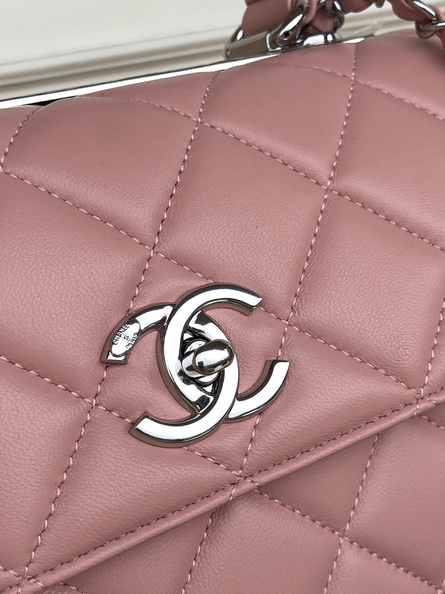 Ch*el flap bag with top handle 6.6 × 9.8 × 4.7 in