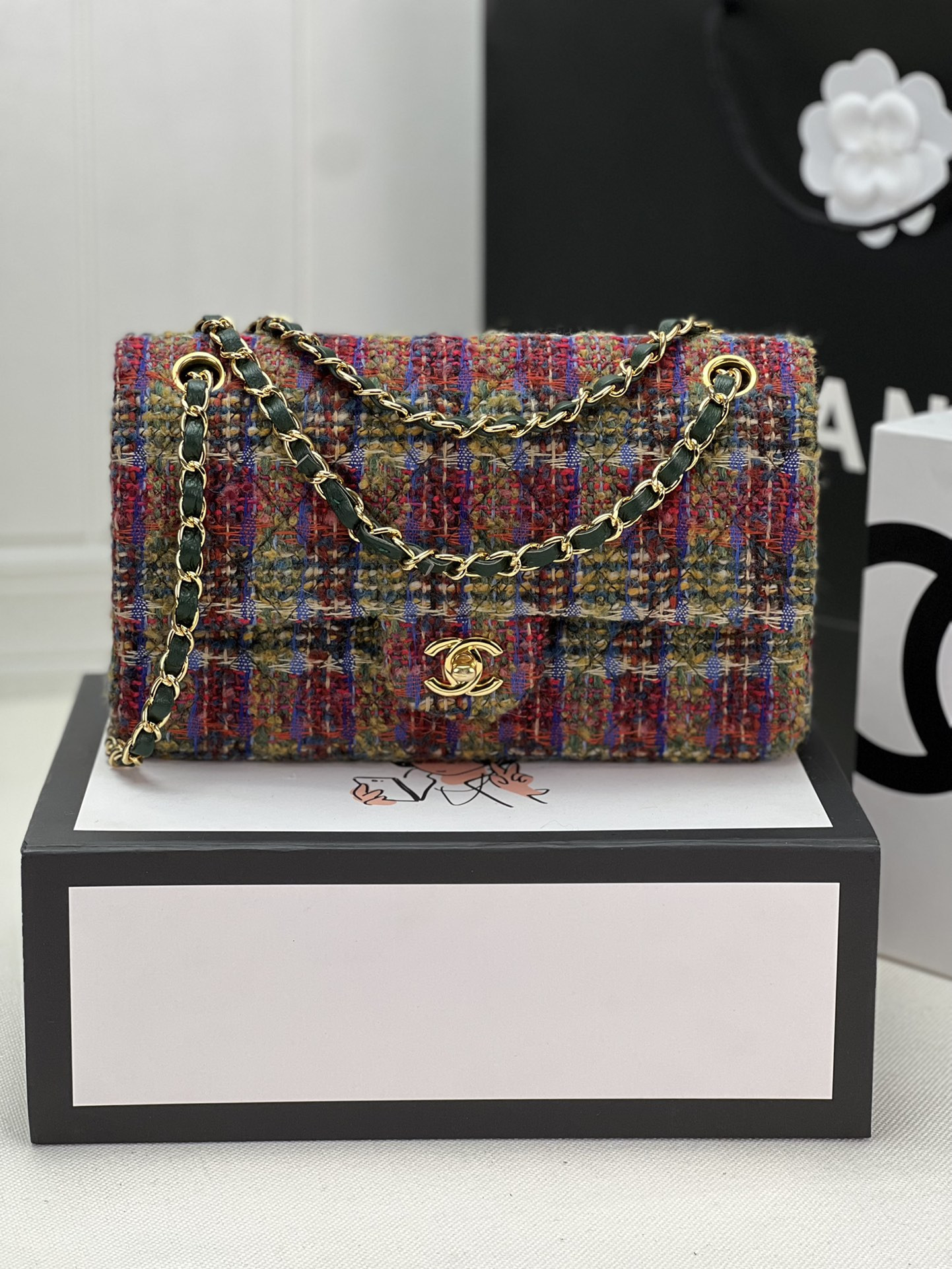 Ch*el classic 11.12 handbag tweed & gold-tone metal   6 × 9.9 × 2.5 in