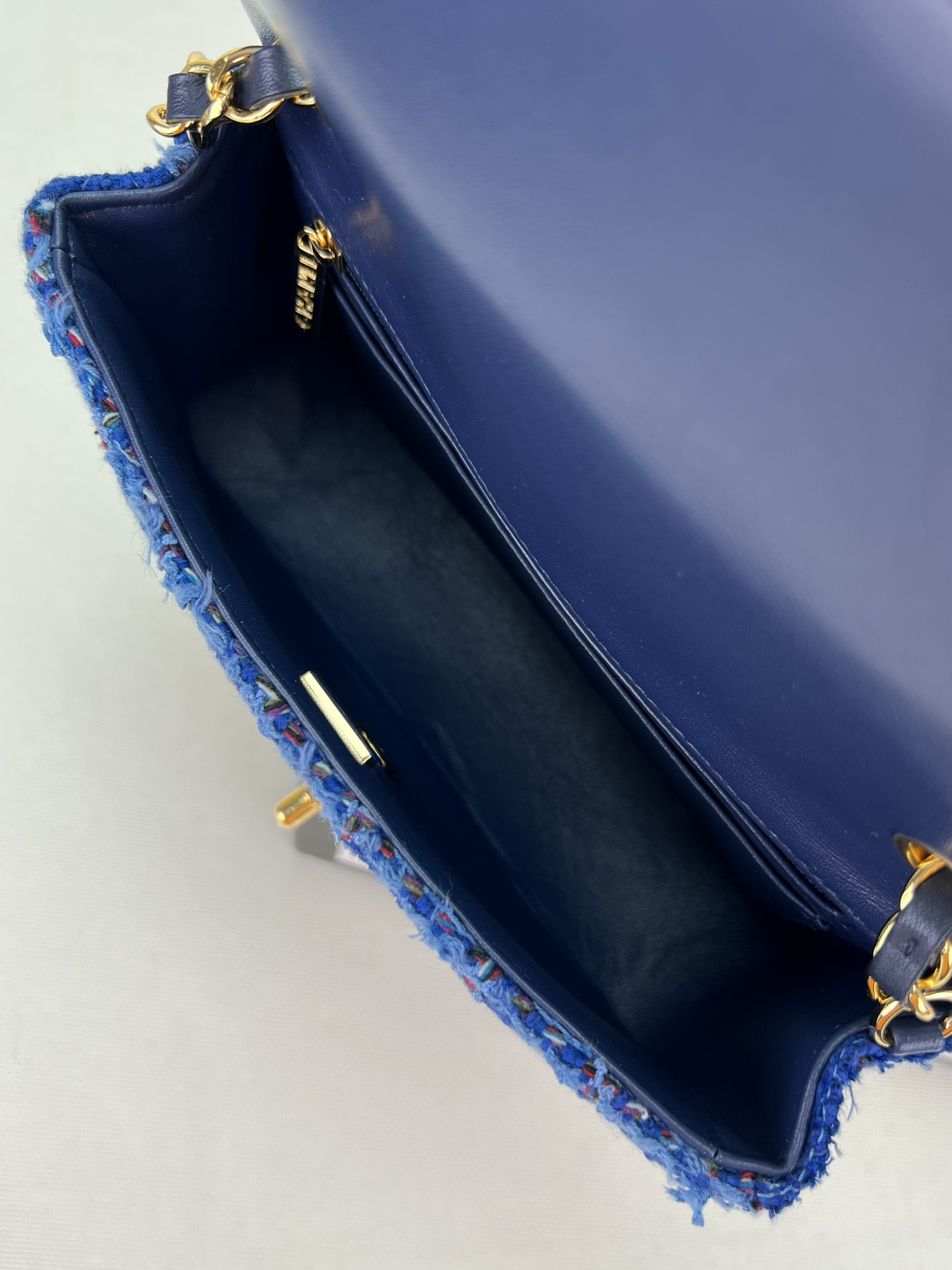 Ch*el mini classic 11.12 handbag tweed & gold-tone metal 4.7 × 7.8 × 2.3 in