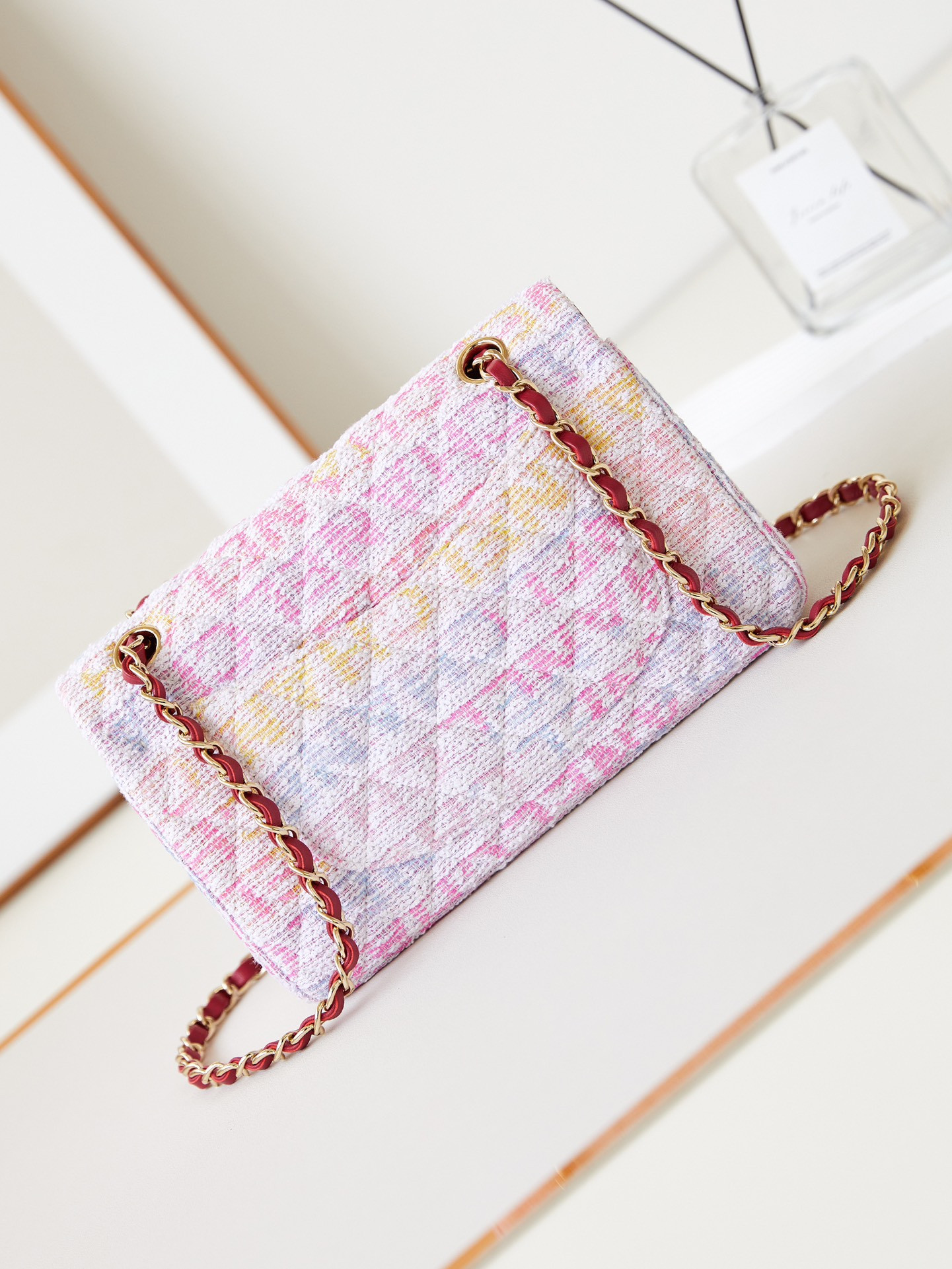 Ch*el quilted pink multicolor tweed rectangular flap bag 14.5 × 23 × 6 cm