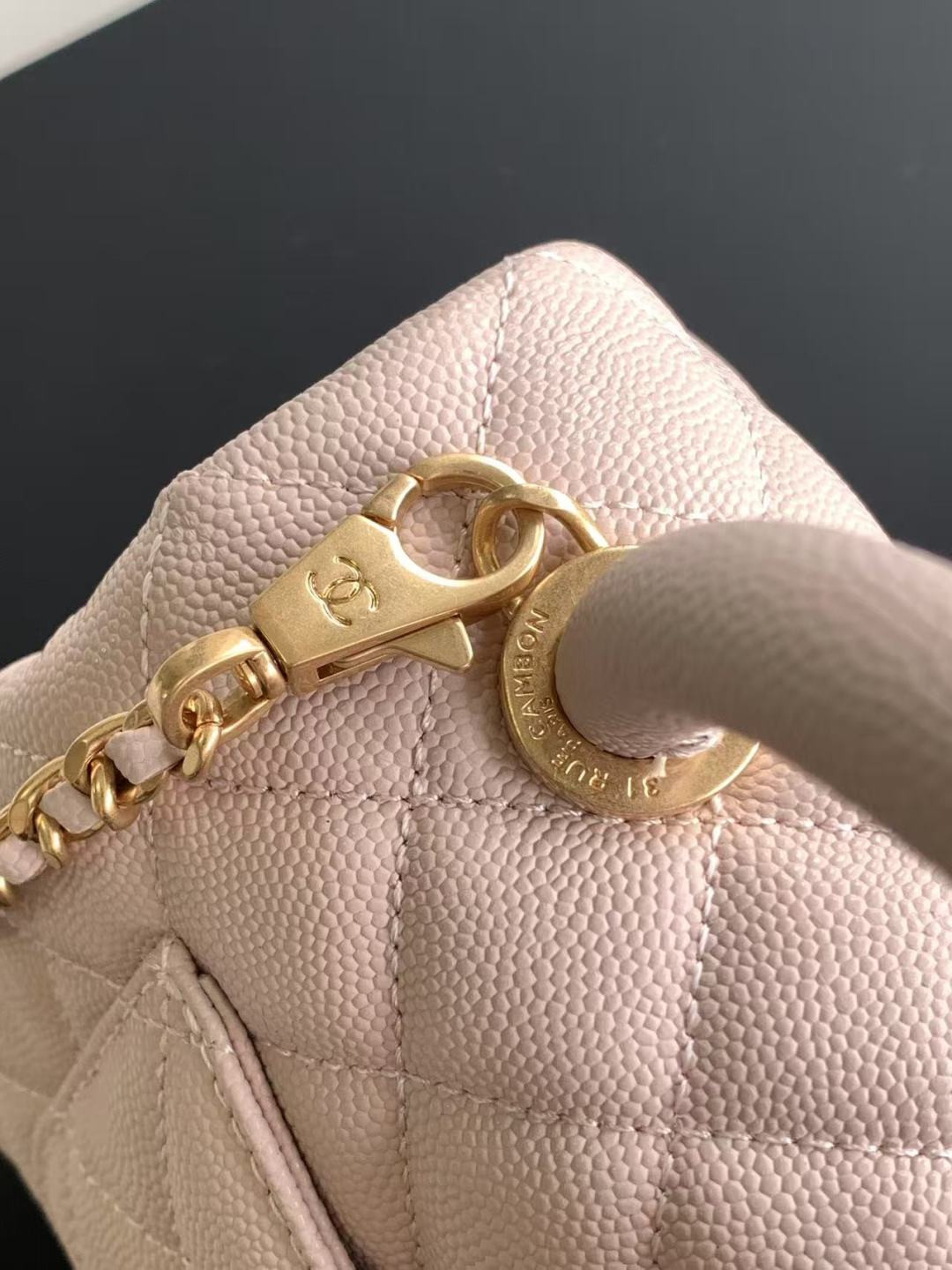 Ch*el mini flap bag with top handle grained calfskin & gold-tone metal as2215 13x19x9cm